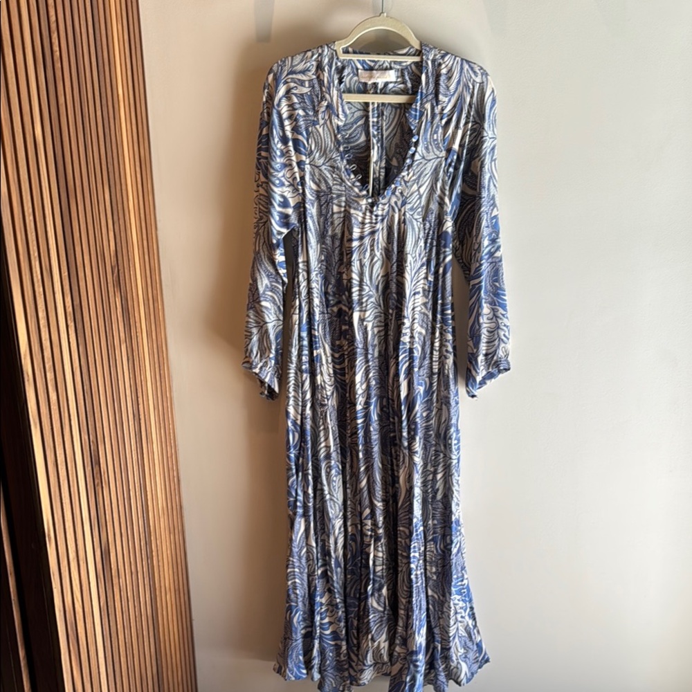 Natalie Martin Fiore silk NWT Blue and White Women's long Bohemian Maxi Dress M